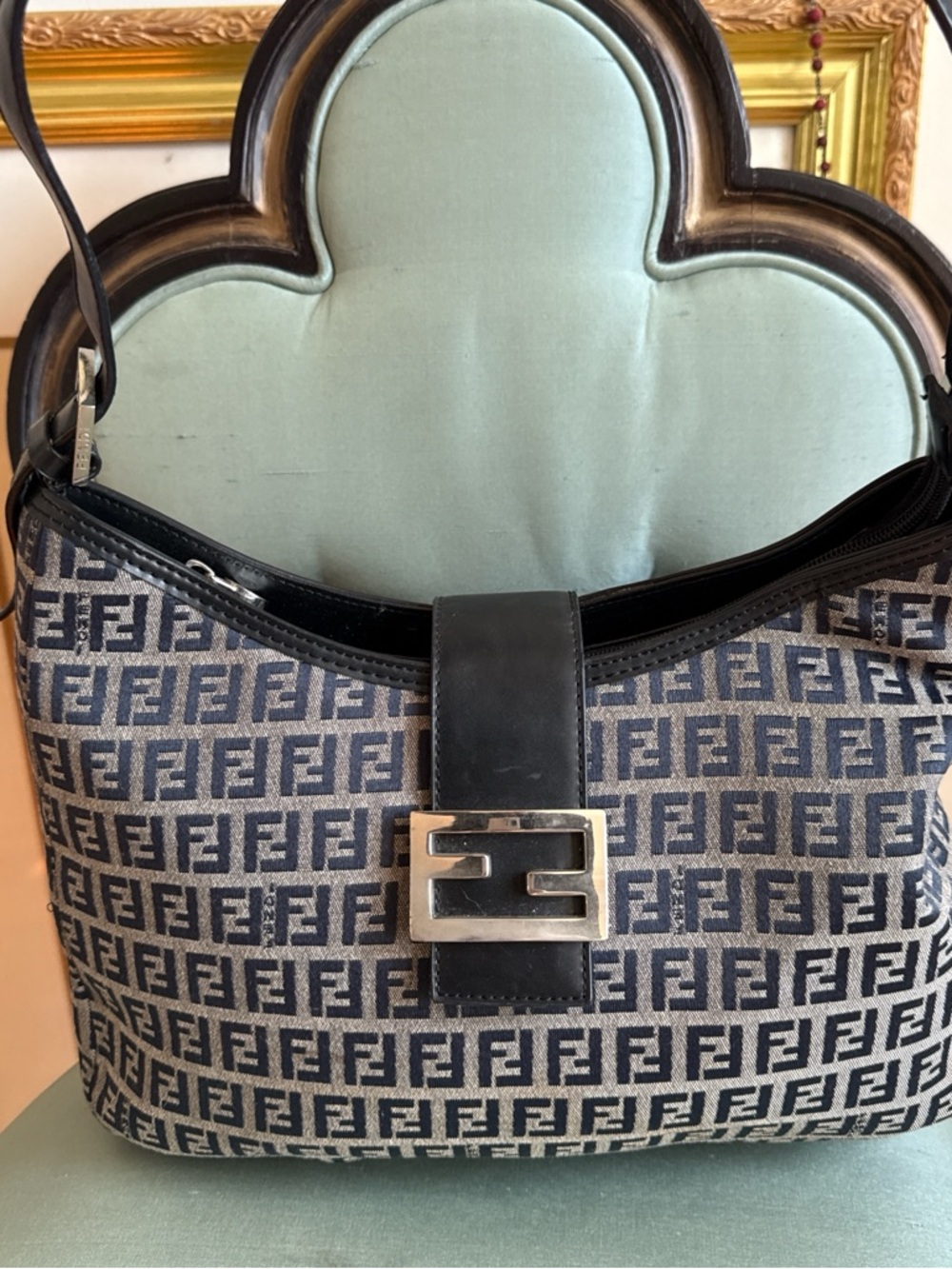 Fendi FF Zucca Canvas Shoulder Bag in Navy and Beige with Black Trim